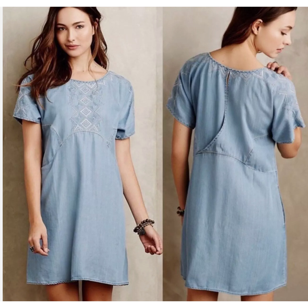 Anthropologie Holding Horses‎ Chambray Dress soft Lyocell Pockets Emb Medium